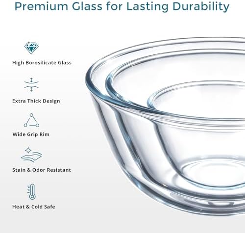 E-far Glass Mixing Bowls with Airtight Lids Set for Prep Salad Serving