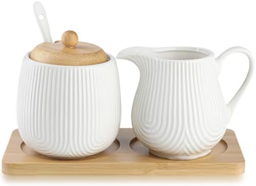 Ceramic Sugar and Creamer Set,10oz Sugar Bowl with Lid,8.5oz Cream