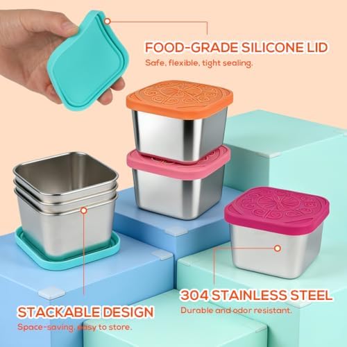 YQL 6-Pack 6oz Square Stainless Steel Snack Containers for Kids