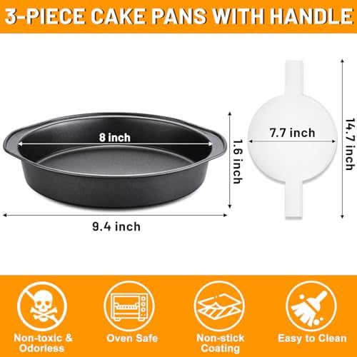 8 Inch Cake Pan - 3PCS Carbon Steel Round Cake Pans with 100 Pieces