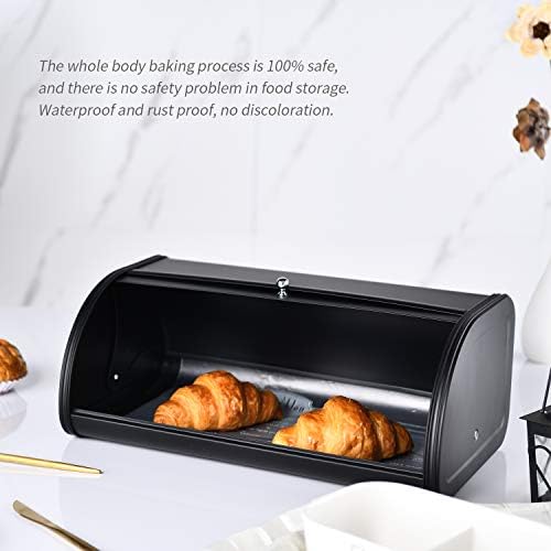 HILFA Stainless Steel Bread Box with Roll Up Lid, For Easy Kitchen Counter Storage, Bread Bin Holder,17.5X11.5X7.5 inch, Matte Black For Home and Kitchen