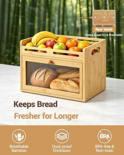 Bread Box for Kitchen Countertop, Bamboo Storage Container with Top Shelf