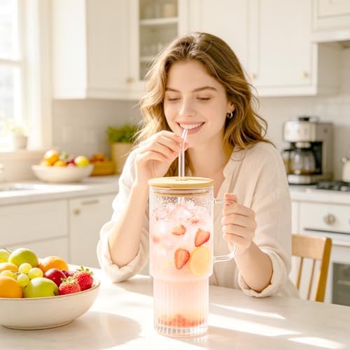 32 oz Glass Tumblers with Handle, Glass Cup with Bamboo Lid & Straw