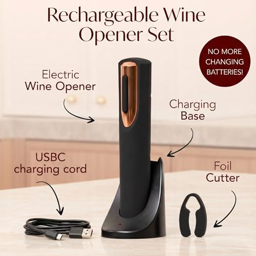 Rechargeable Electric Wine Bottle Opener - Charging Base and Foil