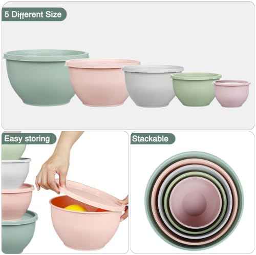 Greentainer Plastic Mixing Bowls with Lids Set for Kitchen, 5 Set