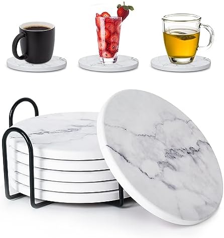 Absorbent Coasters for Drinks,Ceramic Coaster Set of 6 with Holder