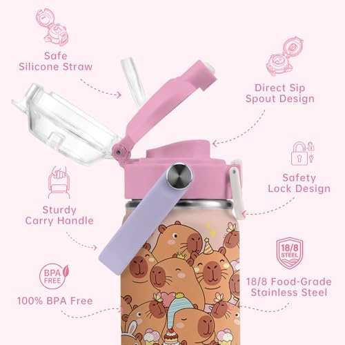 Capybara 18oz Insulated Water Bottle, 2-in-1 Lid, Gift for Girls