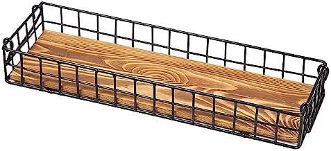 Rustic Torched Brown Wood Serving Tray Industrial Metal Wire Frame