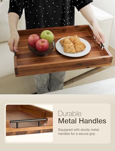 TIDITA 20"x14" Wooden Large Ottoman Tray, Serving Tray with Metal