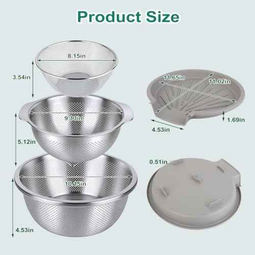 Stainless Steel Colander Set with Self-Draining Base for Edge of Sink