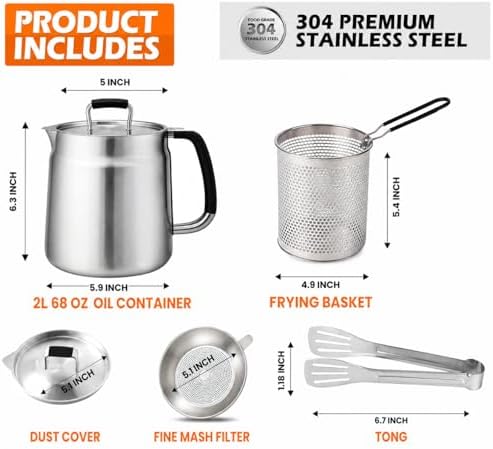 68oz 3-in-1 304 Stainless Steel Oil Filter Pot with Fine Mesh Oil