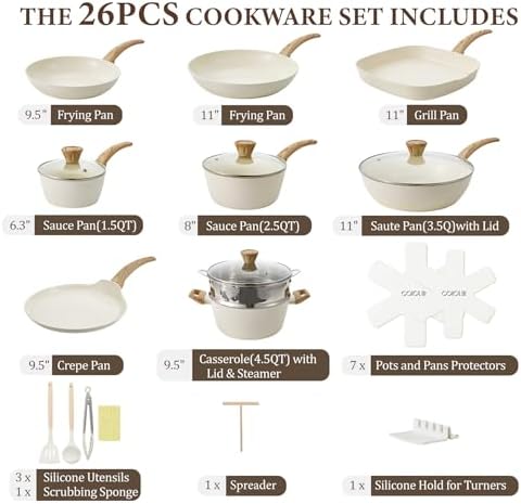 26Pcs Pots and Pans Nonstick Ceramic Cookware Set Nontoxic Kitchen Cooking Set with Steamers Utensils Induction Compatible, PFAS/PFOA Free, Oven and Dishwasher Safe, Cream White