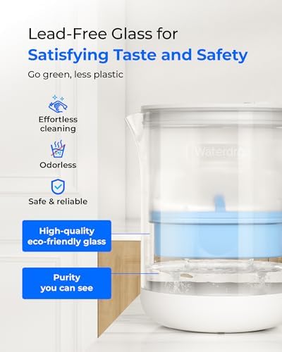 Waterdrop PT-72C-A Glass Alkaline Water Filter Pitcher, 7-Cup, Blue