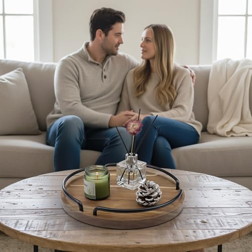 Round Wooden Serving Tray - Rustic Style Decorative Tray for Coffee