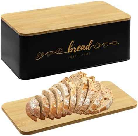 Bread Box with Bamboo Cutting Board Lid, Metal Bread Box for Kitchen Counter, Small Bread Storage Container, Black Bread bin for Kitchen Countertop