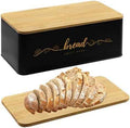 Bread Box with Bamboo Cutting Board Lid, Metal Bread Box for Kitchen Counter, Small Bread Storage Container, Black Bread bin for Kitchen Countertop