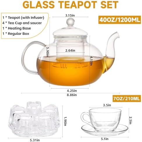 Glass Teapot Set, 40OZ/1200ml Stovetop Safe Glass Tea Kettle with