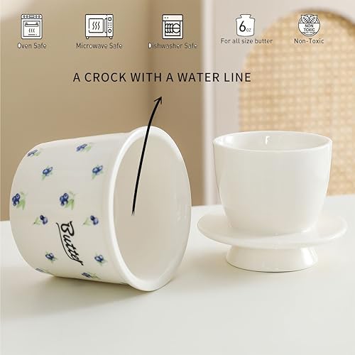 Butter Crock with Water Line with Lid, Butter Keeper Soft Spreadable