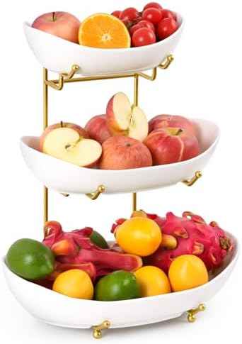 3 Tier Fruit Bowl for Kitchen Counter (PLUS edition) - Large Ceramic Fruit Basket with Metal Stand for Kitchen Countertop, Tiered Fruit Stand for Vegetable Storage, Cake, Snack, Dessert, Nuts