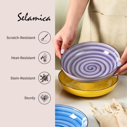Selamica Ceramic Pasta Bowls Set of 6, 26 OZ Shallow Salad Bowls