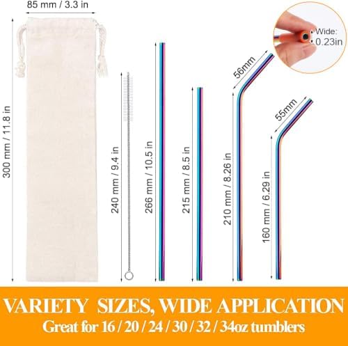 Lazycorner 16 Pcs Metal Straw Reusable 8.5" 10.5" 6mm Stainless Steel