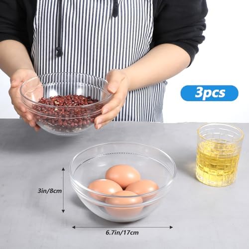 3pcs Tempered Glass Prep Bowls Glass Bowl Set 6.7 Inch Salad Bowls