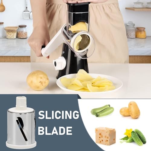 KEOUKE Rotary Cheese Grater, Black, 3 Stainless Steel Blades