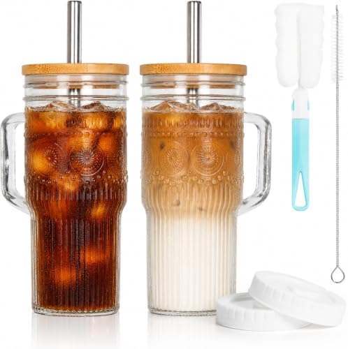 JunVpic Glass Tumbler, 24 oz Ice Coffee Cups with Bamboo Lid and