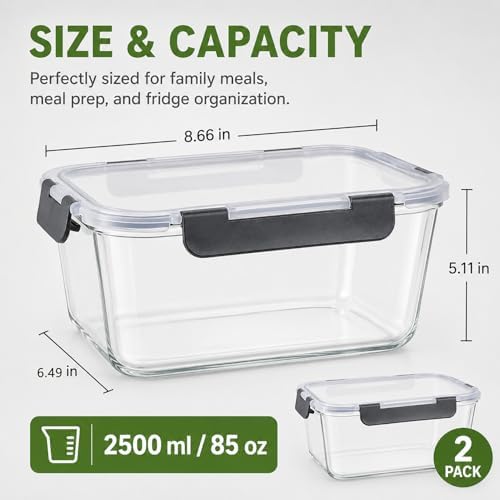 2-Pack 85oz Large Glass Food Storage Containers with Lids