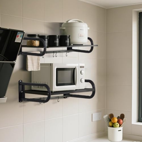 Wall-Mounted Microwave Shelf with 5 Hooks, 30kg Capacity