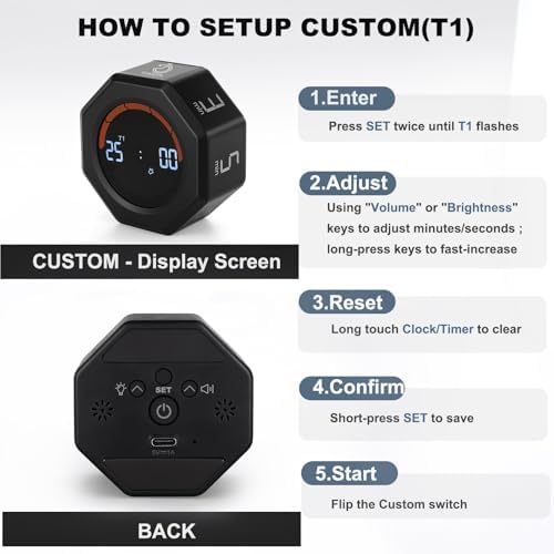 Small Pomodoro Productivity Timer with 5 Presets, Black