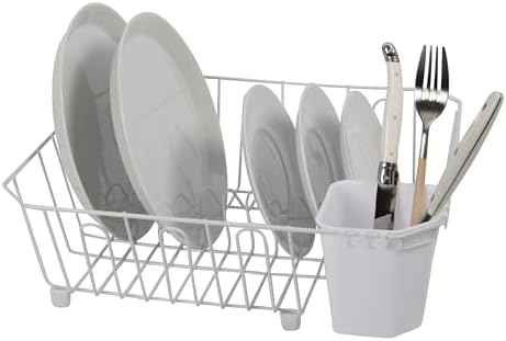 Oggi Compact Dish Drying Rack - White Metal Dish Drainer Rack, Drying Rack Kitchen, Dish Rack, Dish Racks for Kitchen Counter, Durable Coated Metal Kitchen Drying Rack with Cutlery Holder