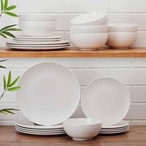 Pfaltzgraff Josephine 24-Piece Dinnerware Set, Porcelain Dish Set with Embossed Basket Weave Design, Service for 8, White Plates and Bowls Sets, Microwave and Dishwasher Safe