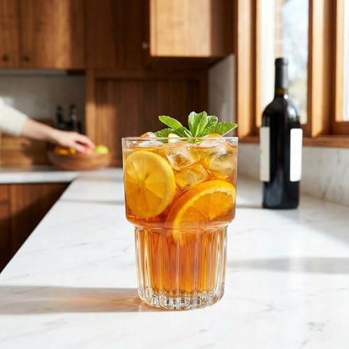 DEAYOU 8 Pack Drinking Glasses Set, 11 OZ Clear Striped Iced Tea Water