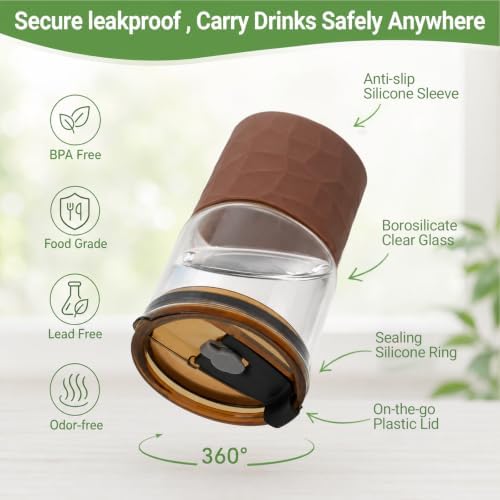16oz Coffee Tumbler, Reusable Borosilicate Glass Cups with Lids and