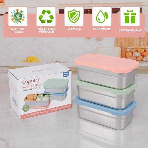 Caperci 3-Pack Large Stainless Steel Snack Containers with Silicone