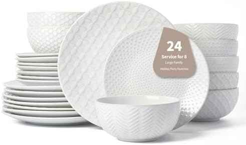 24 Piece Dinnerware Sets for 8, Premium Stoneware Plates and Bowls Sets, Microwave & Dishwasher Safe, Elegant Dishes for Entertaining & Special Occasions – A Stunning Gift for Large Families