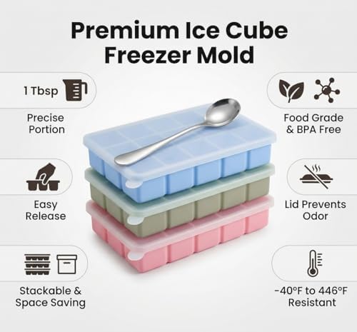 1 Tbsp Silicone Freezer Tray, 3 Pack with Lids & spoon, BPA-Free