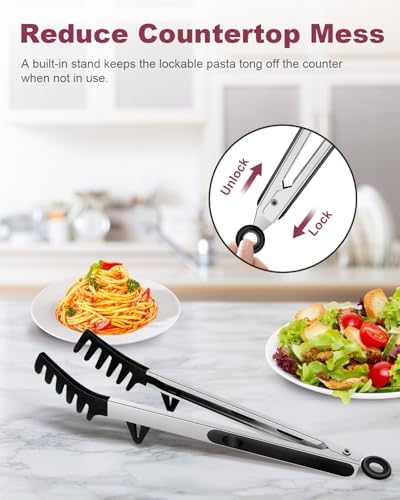 2-Piece Silicone Spaghetti Spoon and Pasta Tong Set, Black