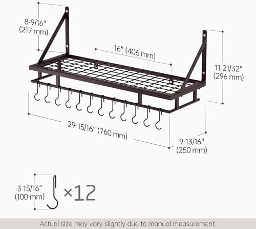 KES 30-Inch Wall Pot Rack, Oil Bronze, 88lb Capacity, 12 Hooks, Farmhouse