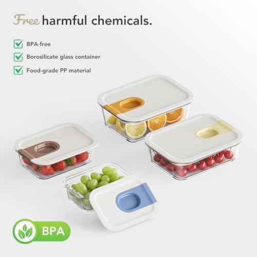GENICOOK 4 Pack Glass Produce Containers for Fridge with Slide Lid