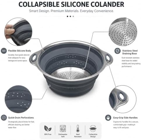 Mejoncb Collapsible Colander – Platinum Silicone Strainer with