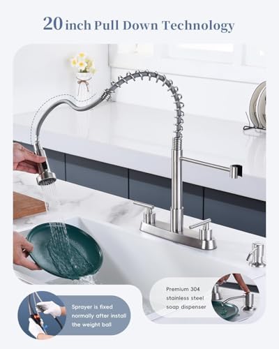 APPASO Spring 4 Hole Kitchen Faucet with Soap Dispenser