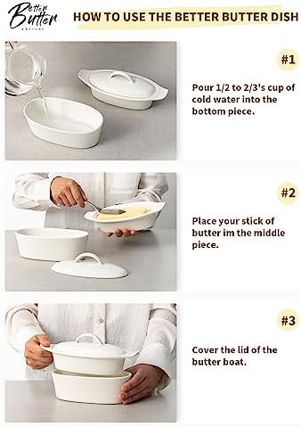 3-Piece Butter Dish with Water Reservoir, Porcelain Butter Boat with