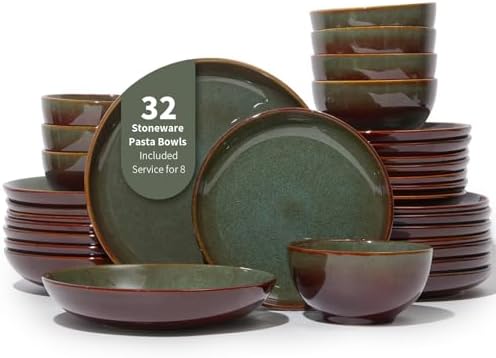 Pokini Stoneware Dinnerware Sets for 8, 32pcs Plates and Bowls Sets Dishes