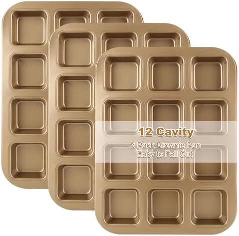YAYODS 3 Pack Brownie Pan with Dividers 12 Cavity Square Muffin Pans