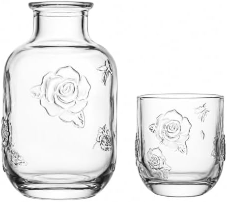 Bedside Water Carafe Set, 15 oz Clear Floral Glass with Tumbler Lid