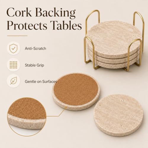 Travertine Coasters with Gold Holder, Set of 4 Natural Stone, Cork