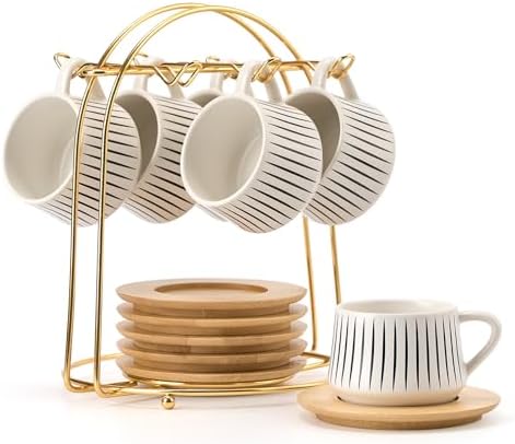 LUKA Ceramic Coffee Espresso Cups with Saucers Set with Metal Holder