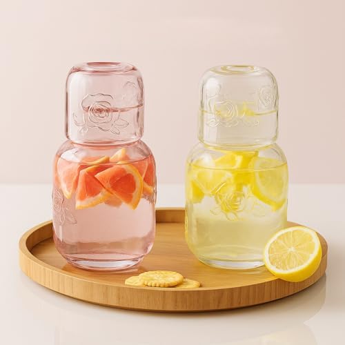 Bedside Water Carafe,14.88 oz Glass Pitcher with 5.1 oz Tumbler Lid